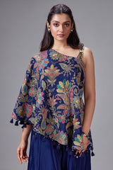 Blue Crepe Satin Silk Printed One Shoulder Asymmetrical Top and Palazzo Set