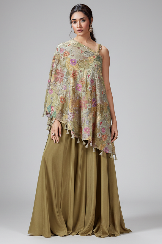 Olive Green Crepe Satin Silk Embroidered One Shoulder Asymmetrical Top Palazzo Set - red silk saree embroidered