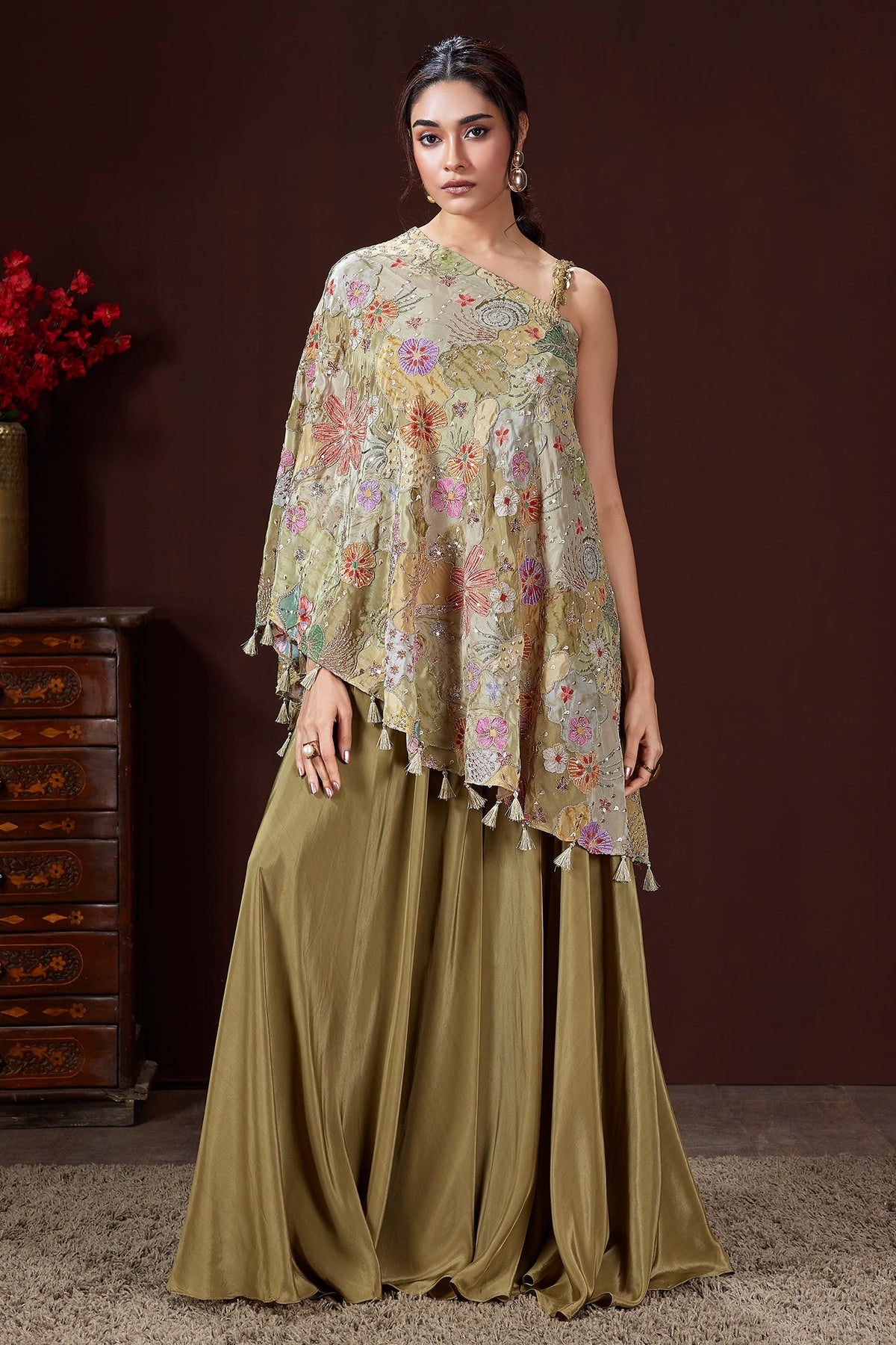 Olive Green Crepe Satin Silk Embroidered One Shoulder Asymmetrical Top Palazzo Set
