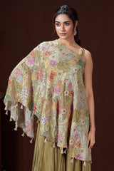 Olive Green Crepe Satin Silk Embroidered One Shoulder Asymmetrical Top Palazzo Set