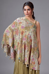Olive Green Crepe Satin Silk Embroidered One Shoulder Asymmetrical Top Palazzo Set