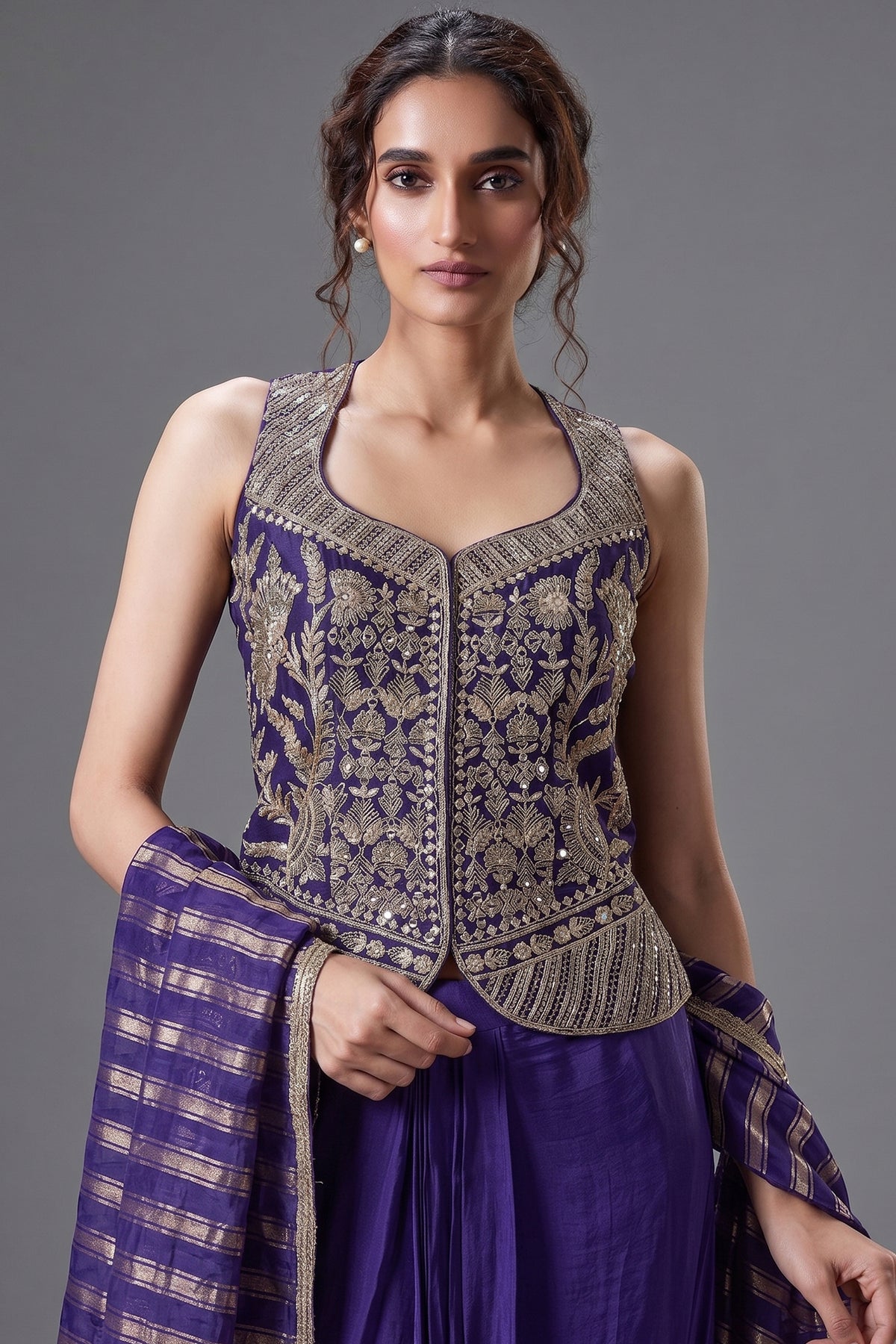 Violet Raw Silk Embroidered Top with Pleated Skirt Set - red silk saree embroidered