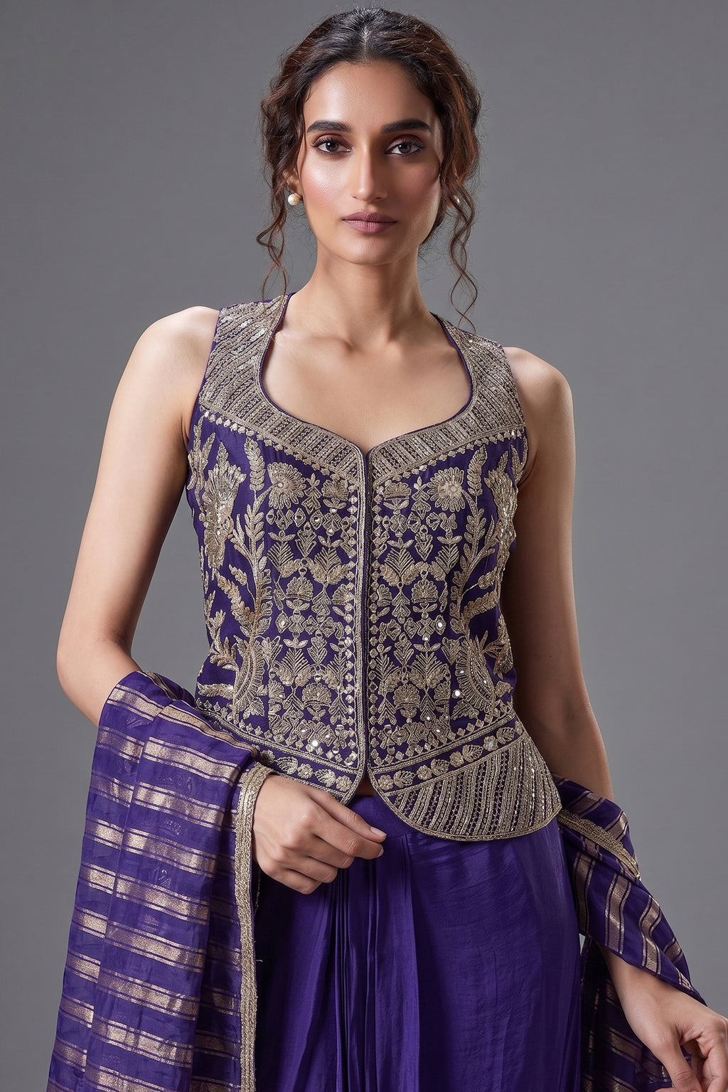Violet Raw Silk Embroidered Top with Pleated Skirt Set - red silk saree embroidered