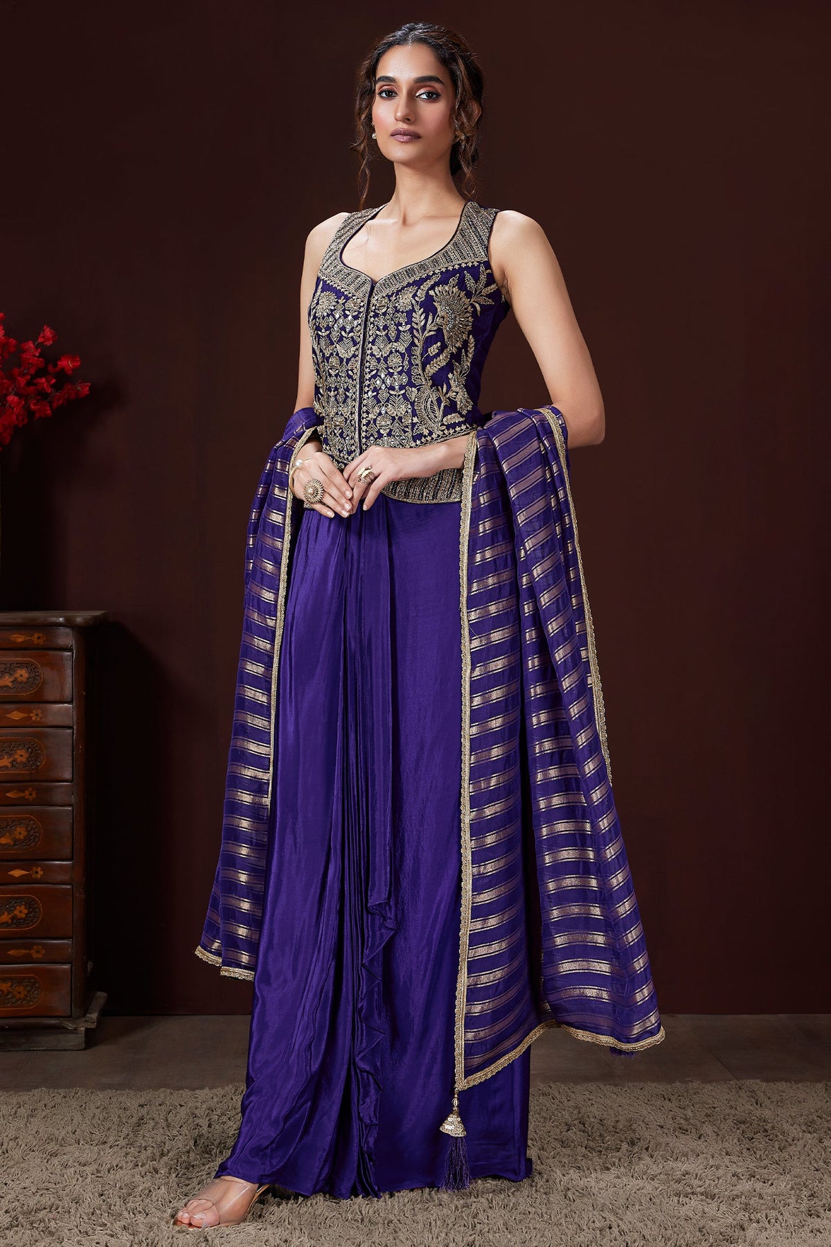 Violet Raw Silk Embroidered Top with Pleated Skirt Set - red silk saree embroidered