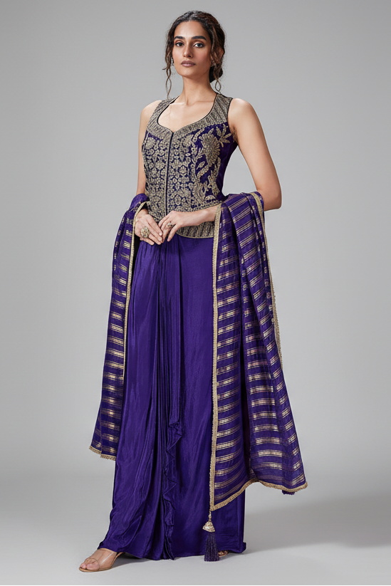 Violet Raw Silk Embroidered Top with Pleated Skirt Set - red silk saree embroidered