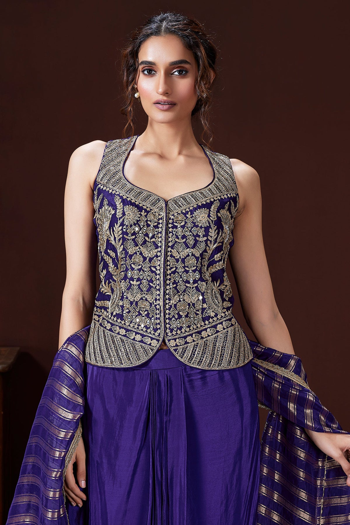 Violet Raw Silk Embroidered Top with Pleated Skirt Set - red silk saree embroidered
