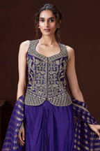 Violet Raw Silk Embroidered Top with Pleated Skirt Set - red silk saree embroidered