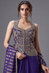 Violet Raw Silk Embroidered Top with Pleated Skirt Set