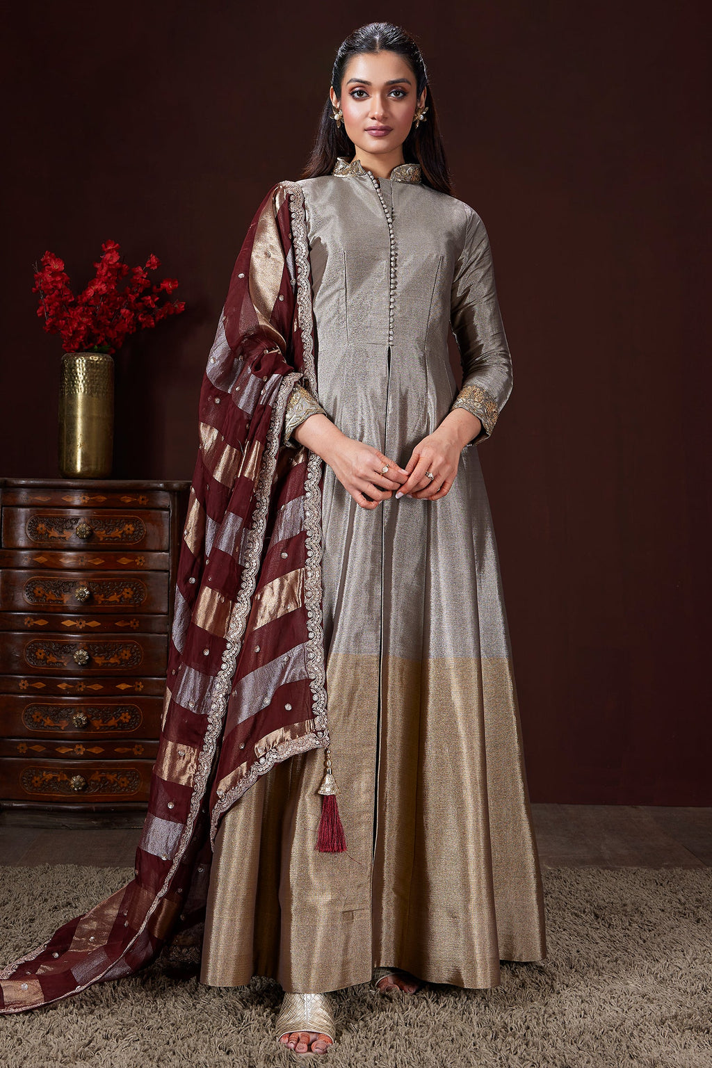 Silver and Golden Ombre Tissue Anarkali Suit - gold saree