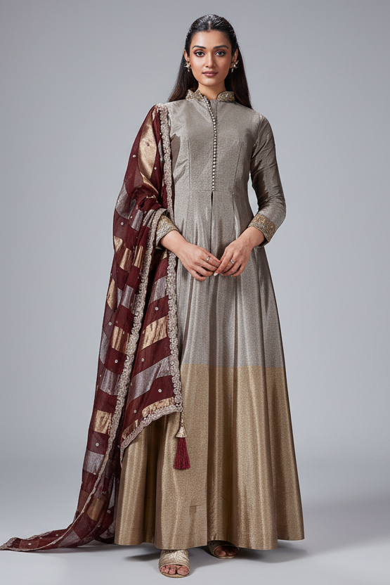 Silver and Golden Ombre Tissue Anarkali Suit - gold saree Main image