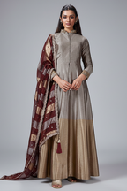 Silver and Golden Ombre Tissue Anarkali Suit - gold saree