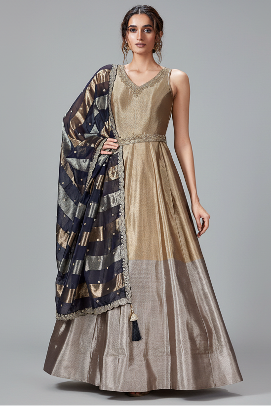 Golden and Silver Ombre Tissue Anarkali Suit with Sequin Zardosi Work - gold saree