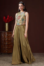 Olive Green Crepe Satin Silk Cutdana Beaded and Mirror Worked Crop Top Palazzo Set - green silk saree