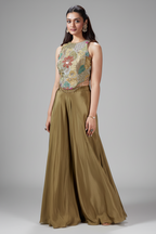 Olive Green Crepe Satin Silk Cutdana Beaded and Mirror Worked Crop Top Palazzo Set - green silk saree