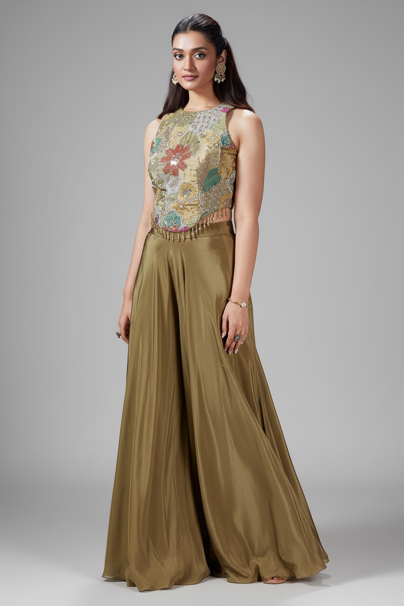 Olive Green Crepe Satin Silk Cutdana Beaded and Mirror Worked Crop Top Palazzo Set - green silk saree