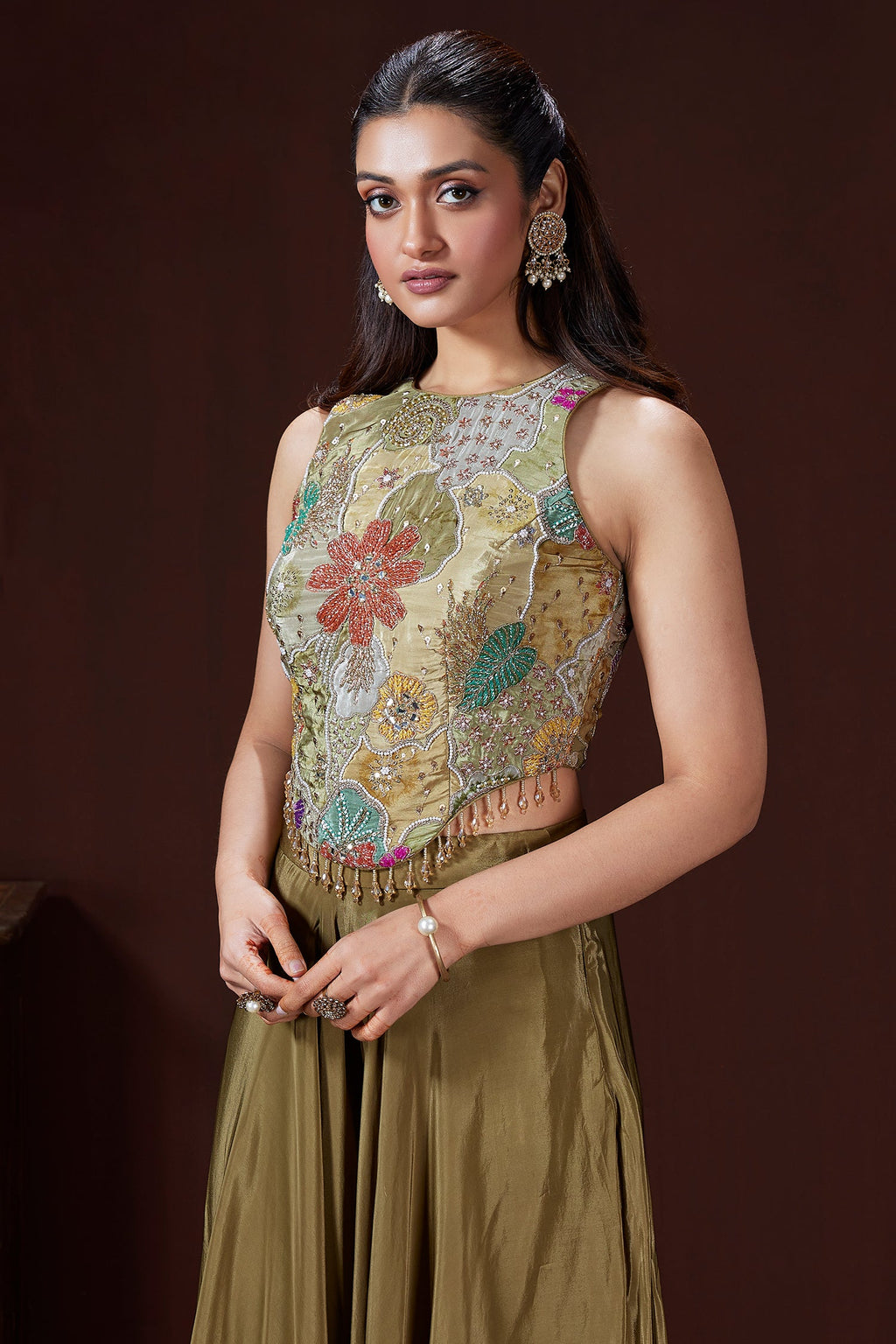 Olive Green Crepe Satin Silk Cutdana Beaded and Mirror Worked Crop Top Palazzo Set - green silk saree