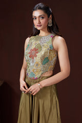Olive Green Crepe Satin Silk Cutdana Beaded and Mirror Worked Crop Top Palazzo Set - green silk saree
