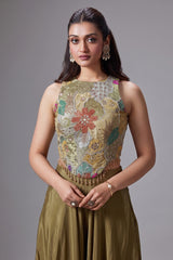 Olive Green Crepe Satin Silk Cutdana Beaded and Mirror Worked Crop Top Palazzo Set - green silk saree