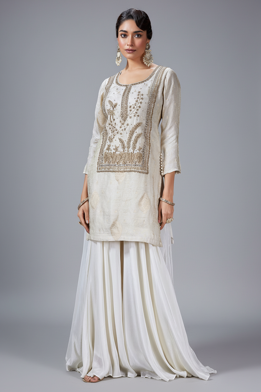 Off White Banarasi Silk Woven and Zardosi Worked Straight Cut Palazzo Suit - white silk saree