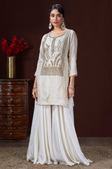 Off White Banarasi Silk Woven and Zardosi Worked Straight Cut Palazzo Suit - white silk saree