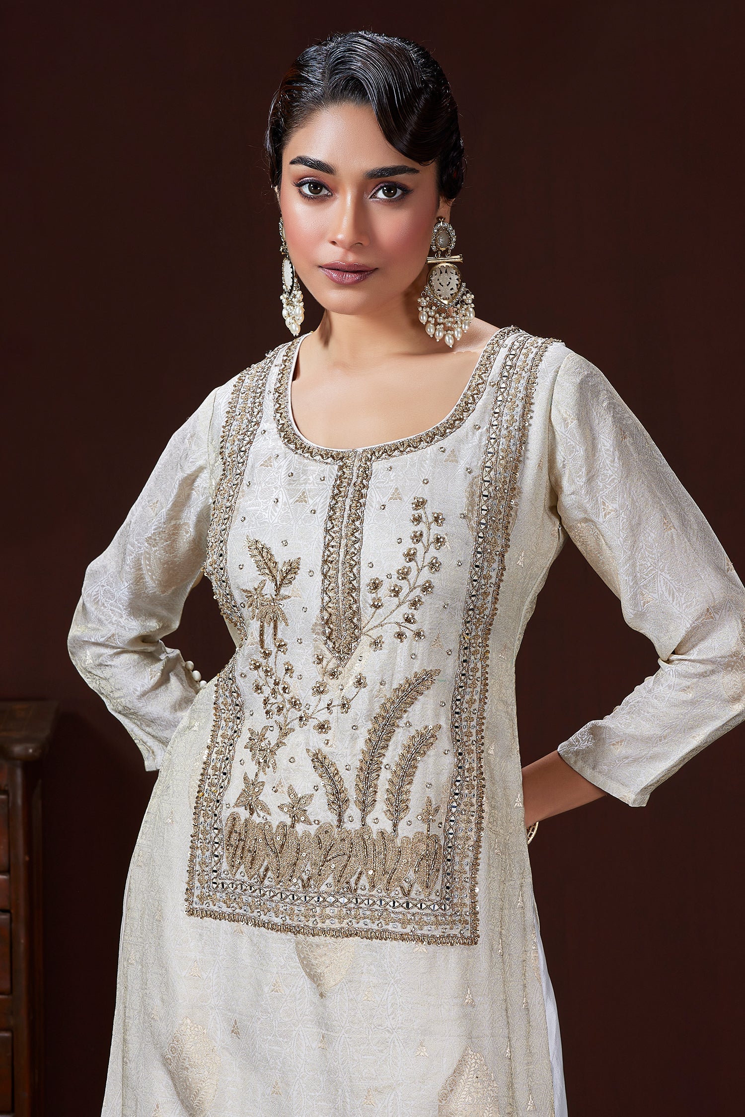 Off White Banarasi Silk Woven and Zardosi Worked Straight Cut Palazzo Suit - white silk saree