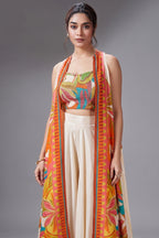 Cream Crepe Silk Cutdana Sequin Worked Crop Top Palazzo Set with Cape Jacket - cream silk saree