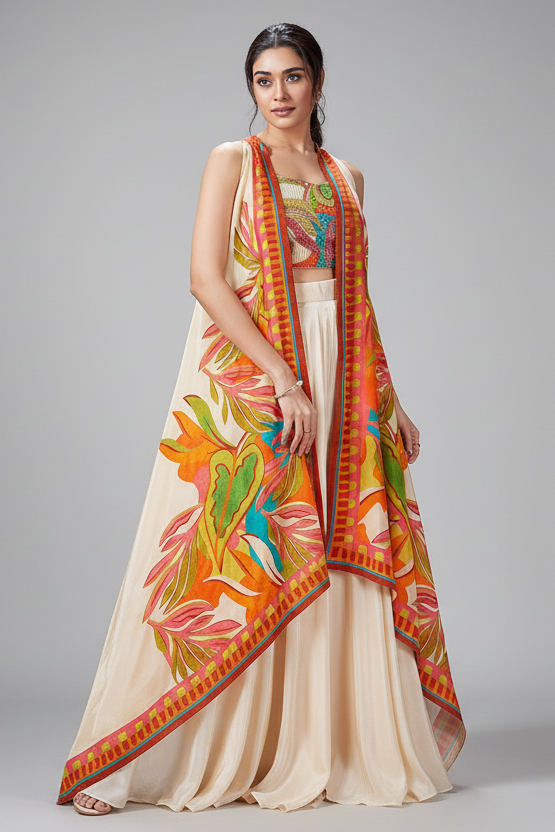 Cream Crepe Silk Cutdana Sequin Worked Crop Top Palazzo Set with Cape Jacket - cream silk saree Main image