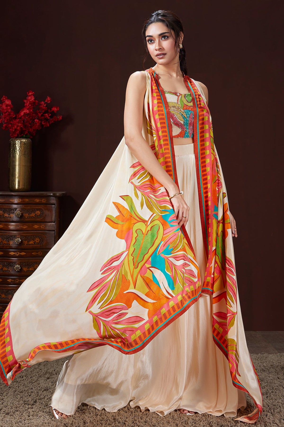Cream Crepe Silk Cutdana Sequin Worked Crop Top Palazzo Set with Cape Jacket
