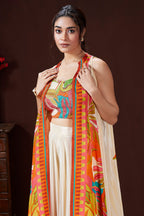 Cream Crepe Silk Cutdana Sequin Worked Crop Top Palazzo Set with Cape Jacket - cream silk saree