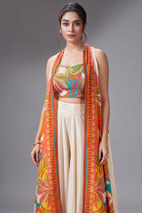 Cream Crepe Silk Cutdana Sequin Worked Crop Top Palazzo Set with Cape Jacket