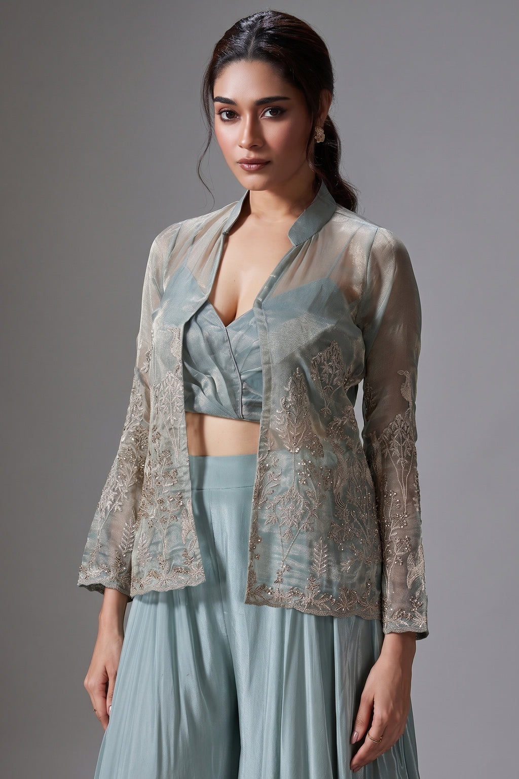 Light Blue Tissue Silk Crop Top Palazzo Set with Embroidered Jacket - red silk saree embroidered