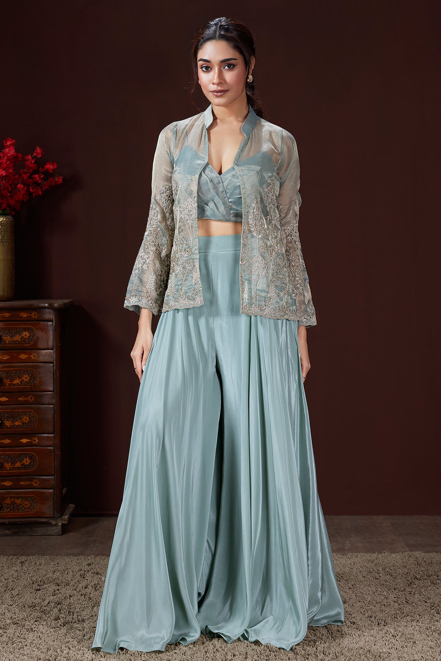 Light Blue Tissue Silk Crop Top Palazzo Set with Embroidered Jacket - red silk saree embroidered