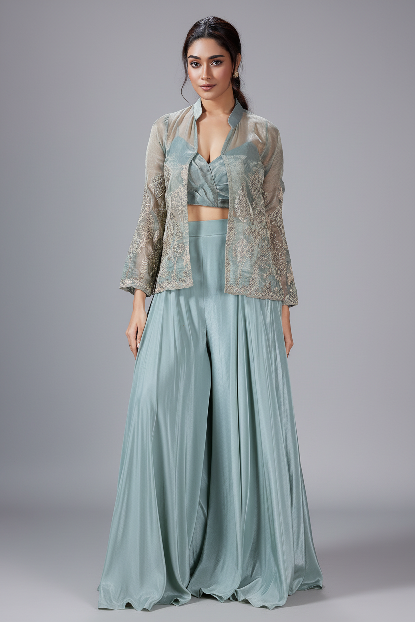 Light Blue Tissue Silk Crop Top Palazzo Set with Embroidered Jacket - red silk saree embroidered
