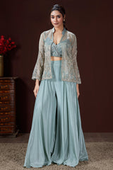 Light Blue Tissue Silk Crop Top Palazzo Set with Embroidered Jacket