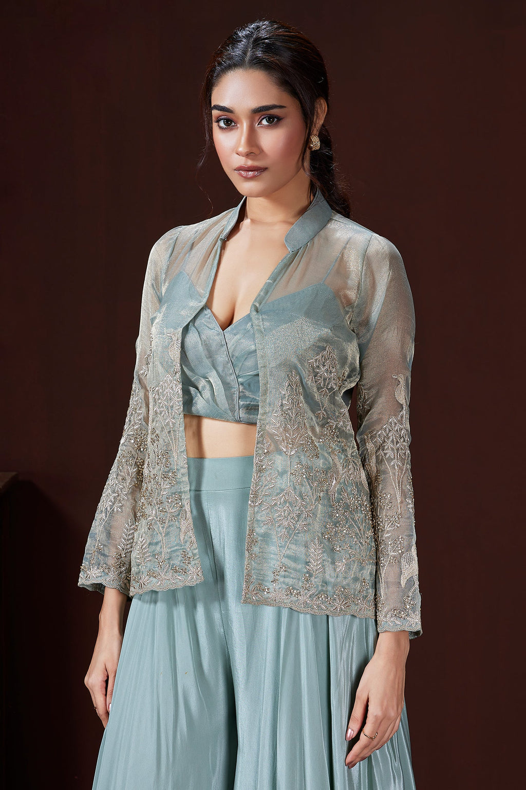 Light Blue Tissue Silk Crop Top Palazzo Set with Embroidered Jacket - red silk saree embroidered