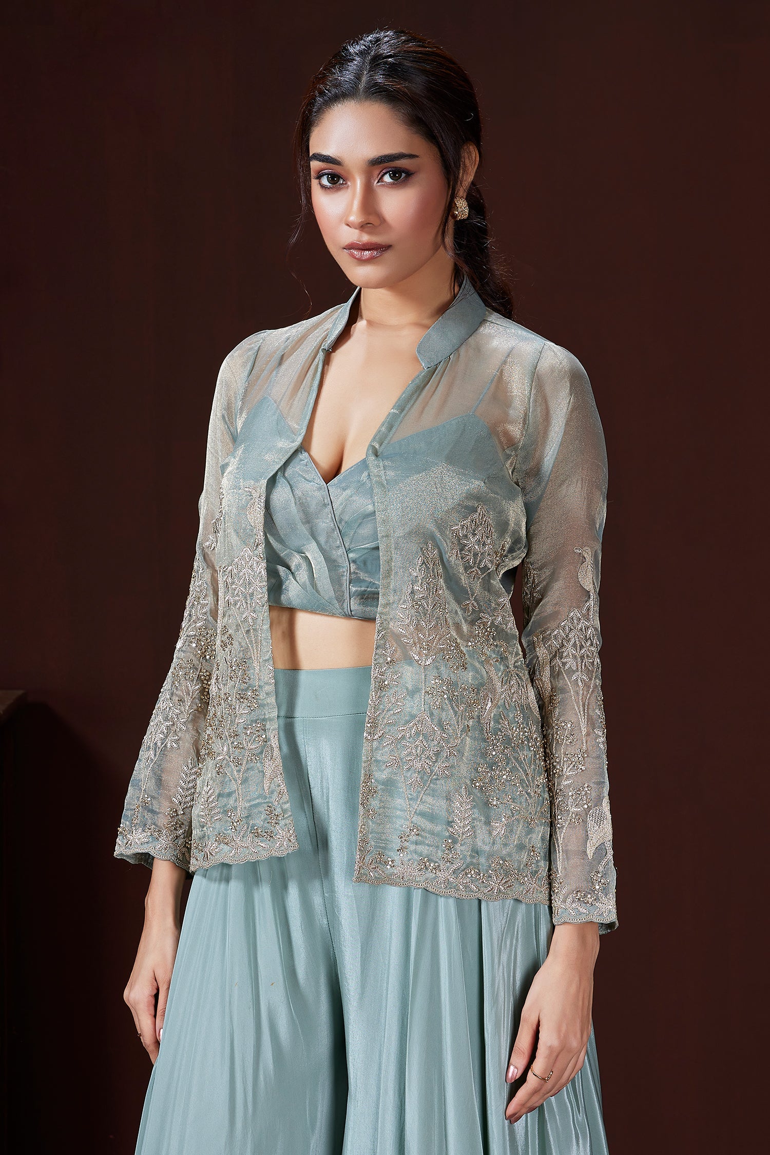 Light Blue Tissue Silk Crop Top Palazzo Set with Embroidered Jacket - red silk saree embroidered