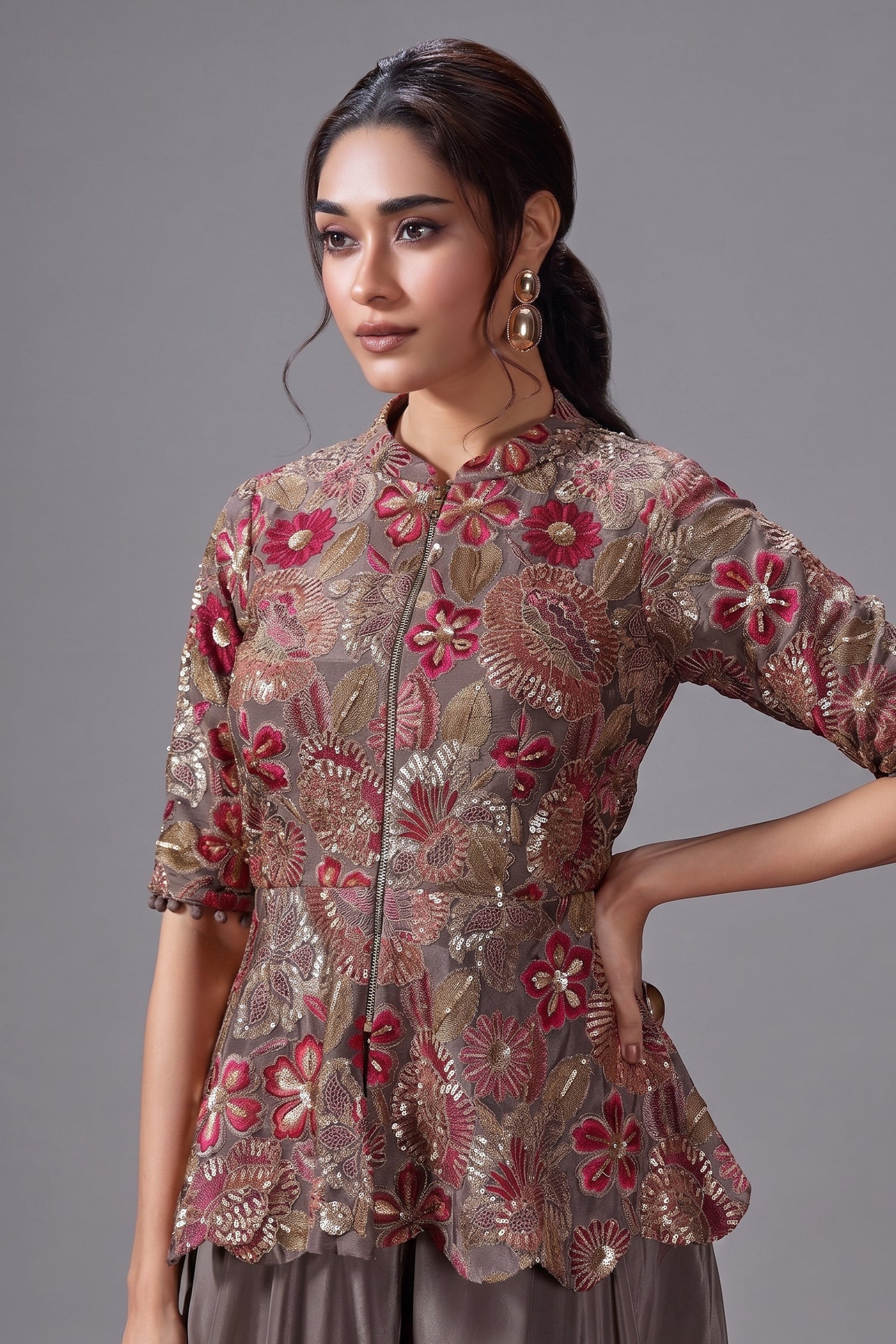 Grey Chinon Floral Embroidered and Sequin Worked Peplum Top and Palazzo Set Secondary image