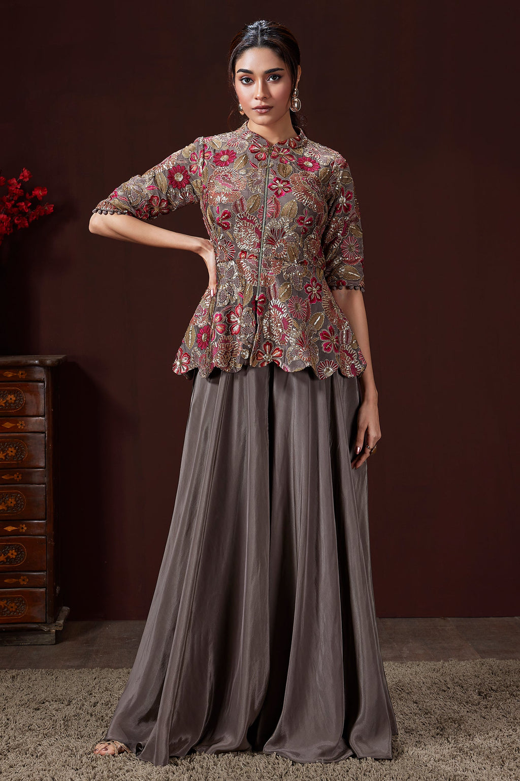 Grey Chinon Floral Embroidered and Sequin Worked Peplum Top and Palazzo Set - red saree embroidered