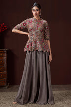 Grey Chinon Floral Embroidered and Sequin Worked Peplum Top and Palazzo Set - red saree embroidered