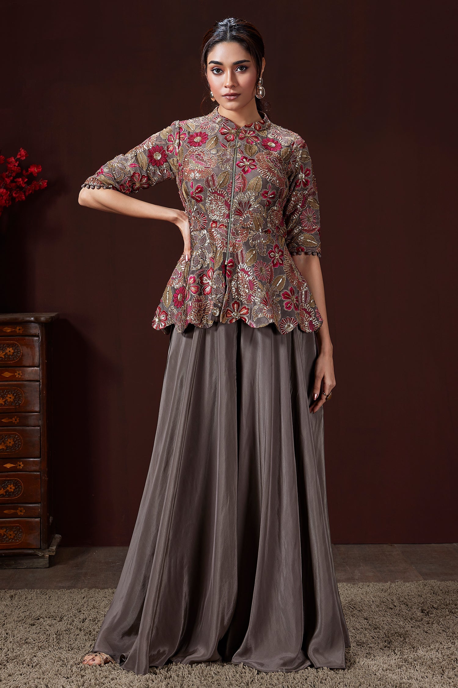 Grey Chinon Floral Embroidered and Sequin Worked Peplum Top and Palazzo Set - red saree embroidered
