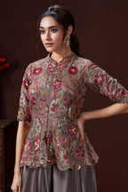 Grey Chinon Floral Embroidered and Sequin Worked Peplum Top and Palazzo Set - red saree embroidered