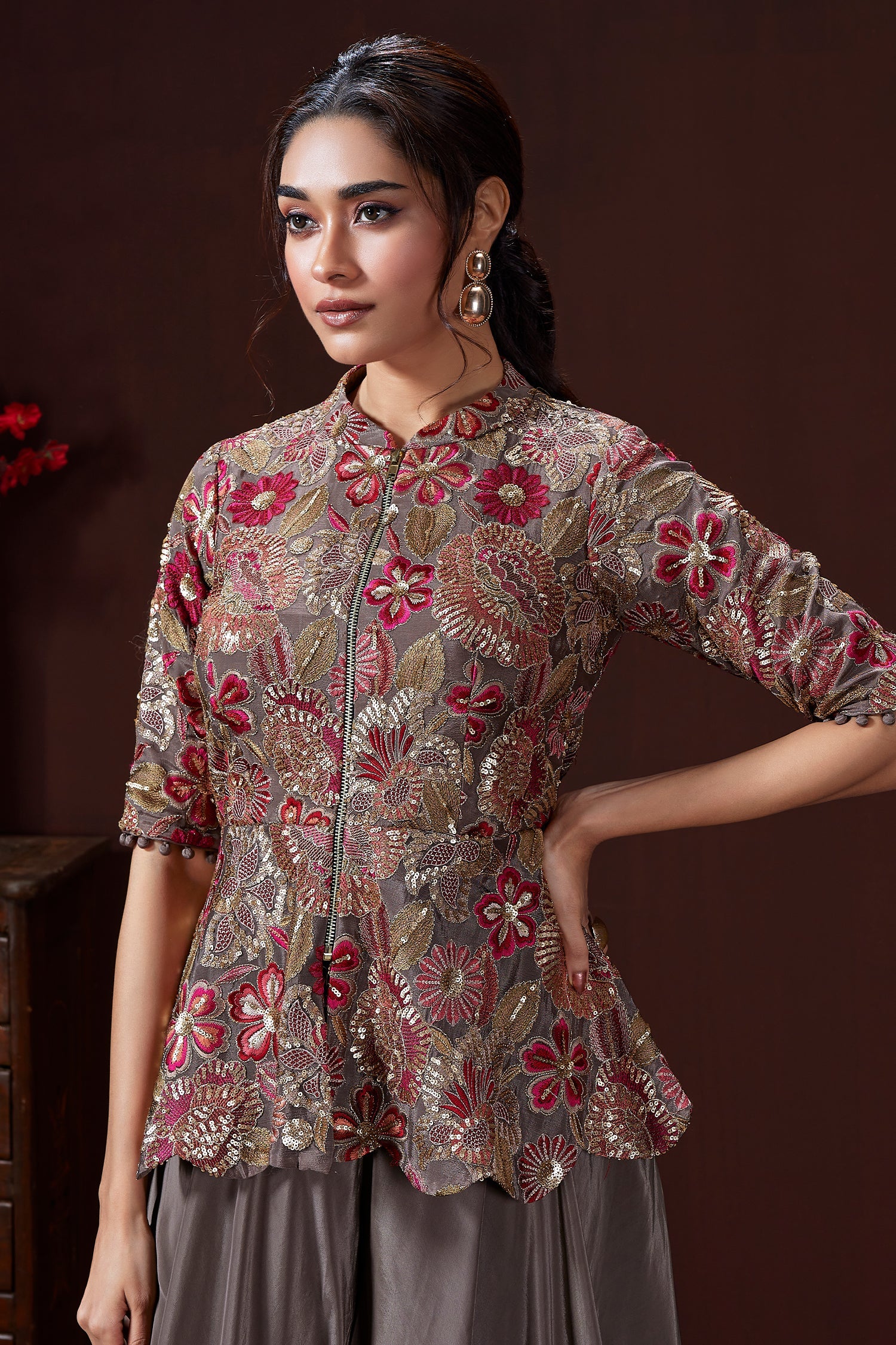 Grey Chinon Floral Embroidered and Sequin Worked Peplum Top and Palazzo Set - red saree embroidered