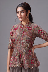 Grey Chinon Floral Embroidered and Sequin Worked Peplum Top and Palazzo Set