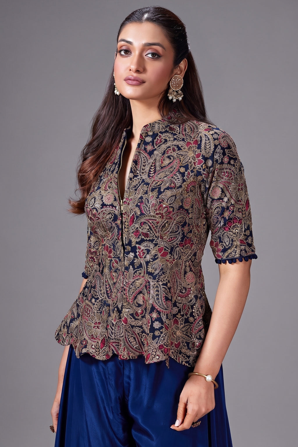 Blue Chinon Sequin Embroidered Top and Palazzo Set - red saree embroidered