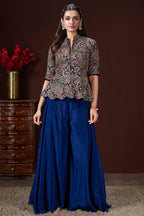 Blue Chinon Sequin Embroidered Top and Palazzo Set - red saree embroidered
