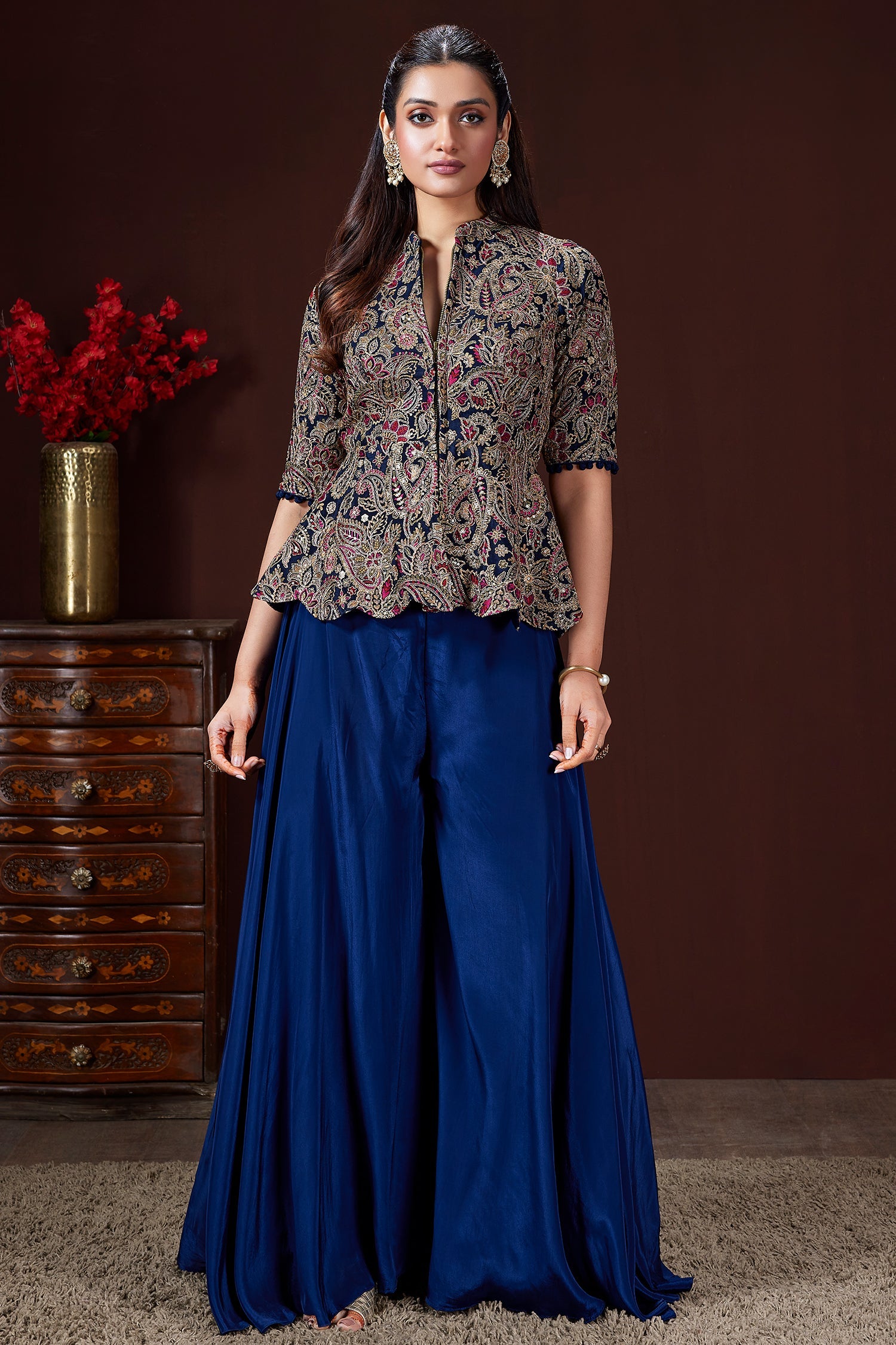 Blue Chinon Sequin Embroidered Top and Palazzo Set - red saree embroidered