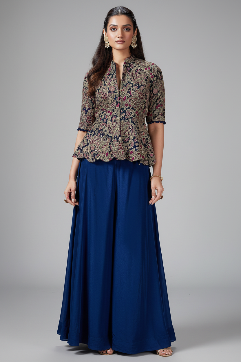 Blue Chinon Sequin Embroidered Top and Palazzo Set - red saree embroidered Main image