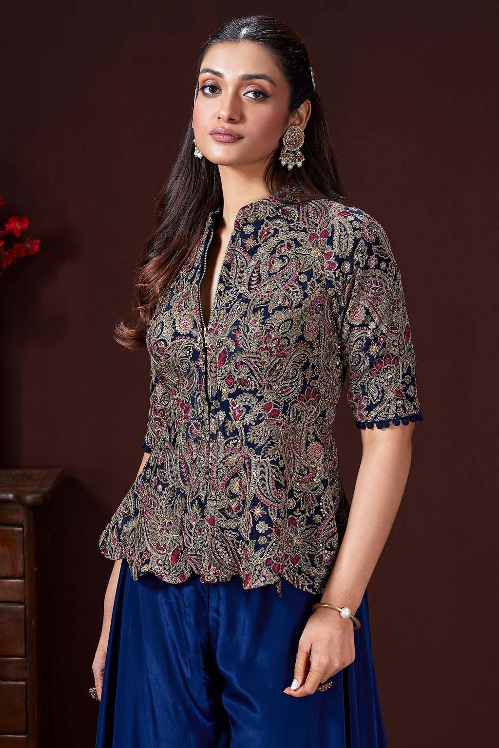 Blue Chinon Sequin Embroidered Top and Palazzo Set - red saree embroidered