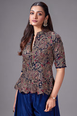 Blue Chinon Sequin Embroidered Top and Palazzo Set