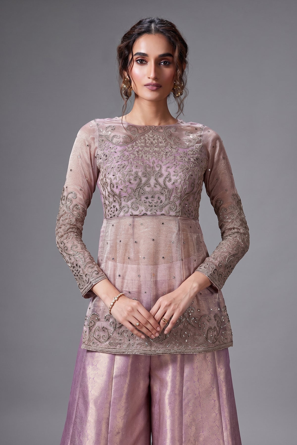 Lilac Tissue Sequin Embroidered Top and Palazzo Set - red saree embroidered